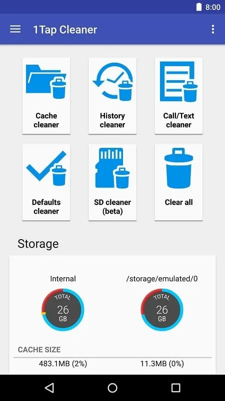 Interface do mod 1Tap Cleaner Pro mostrando recursos premium