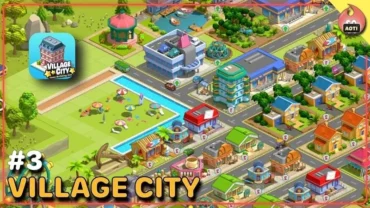 A bustling city in Village City with various buildings and decorations.