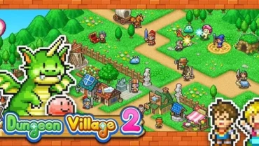 A bustling village scene in Dungeon Village 2, showcasing various buildings and characters.