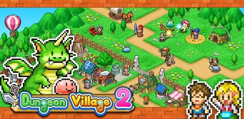 Vila movimentada em Dungeon Village 2, mostrando vários edifícios e personagens.