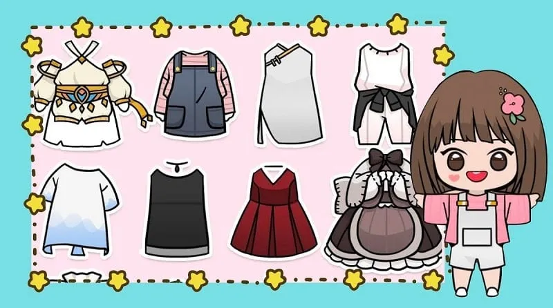 A character from Unnie Doll showcasing a variety of clothing and accessory options.