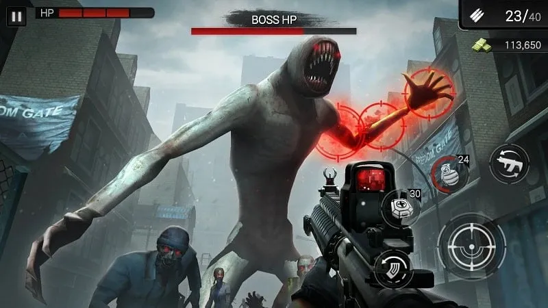 A character surrounded by zombies in Zombie Hunter D-Day2.