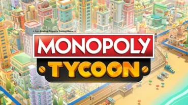 A cityscape with various buildings and Monopoly game elements.