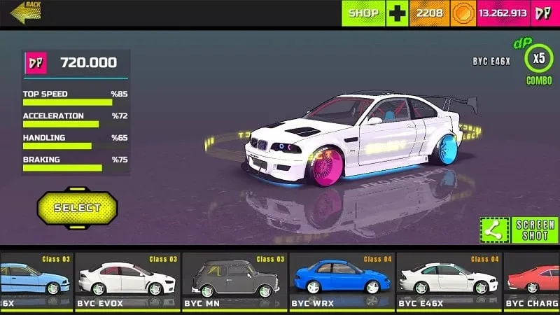 A customized car drifting on a track in Project Drift 2.0.