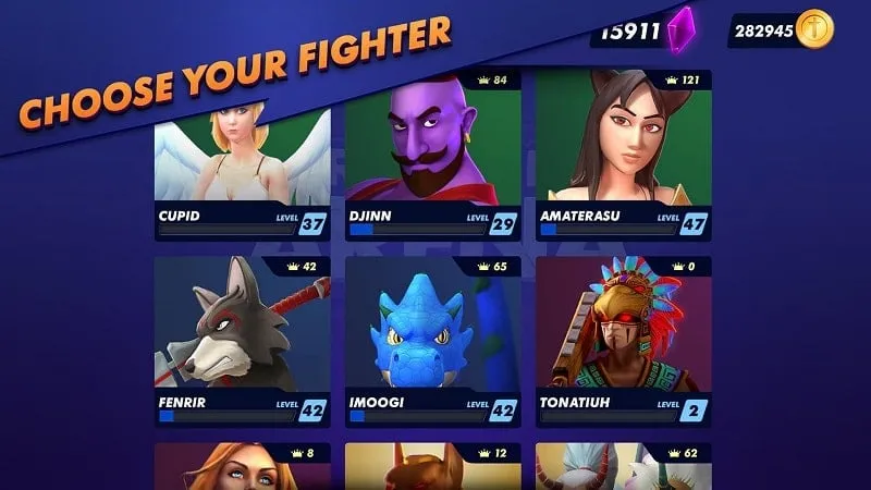 Personagens do jogo Rumble Arena disponíveis para seleção e personalização.