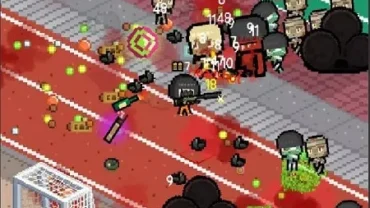 A female character firing a weapon at approaching zombies in a pixel art style game.