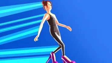 A female character in the game High Heels running on a rooftop course with extremely high heels.