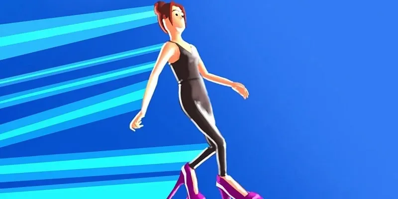 A female character in the game High Heels running on a rooftop course with extremely high heels.