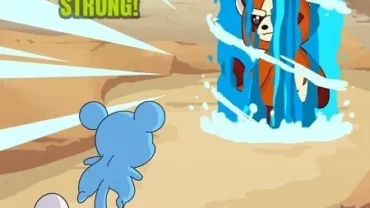 A fierce battle between two Dynamons in a vibrant landscape.