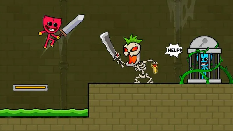 A fireman stick figure running through a level in Red Stickman: Stick Adventure.