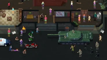 A Party Hard Go screenshot showing the game's pixelated graphics and a character wielding a weapon.