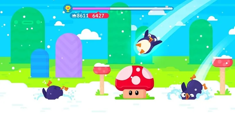 A penguin landing on a seal in Bouncemasters!