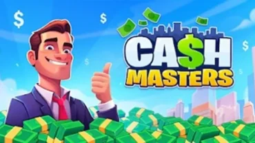 A person holding a smartphone with the Cash Masters game displayed on the screen.