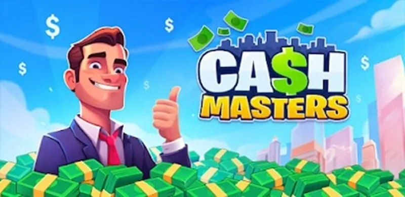 A person holding a smartphone with the Cash Masters game displayed on the screen.