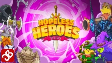 A person holding a smartphone with the Hopeless Heroes game displayed on the screen.