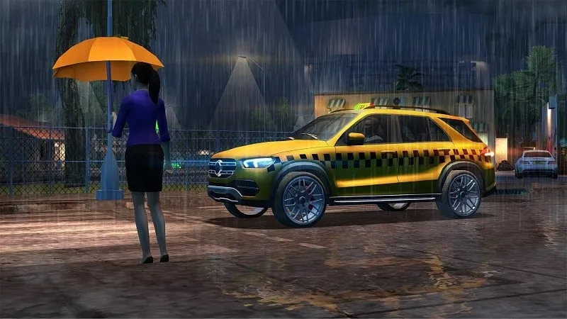 A player selecting a new car in Taxi Sim 2020 with unlimited money.