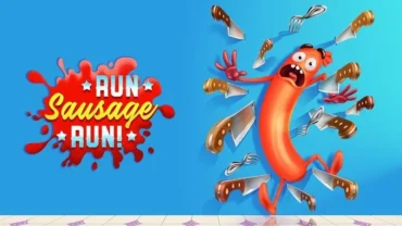 A sausage character running through a kitchen, dodging knives and other obstacles.