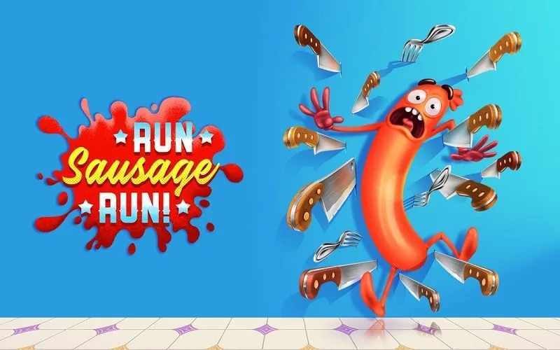 A sausage character running through a kitchen, dodging knives and other obstacles.