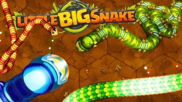 A screenshot displaying the gameplay of Little Big Snake, highlighting the various snakes competing in the arena.