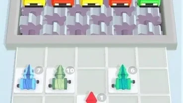 A screenshot displaying the gameplay of Merge Hooks, with various colored hooks aiming at cars.