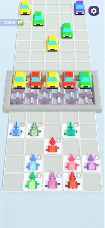 A screenshot displaying the gameplay of Merge Hooks, with various colored hooks aiming at cars.