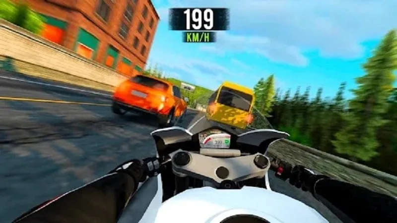 A screenshot displaying the gameplay of Traffic Moto Racing 2024, with the player navigating through traffic.