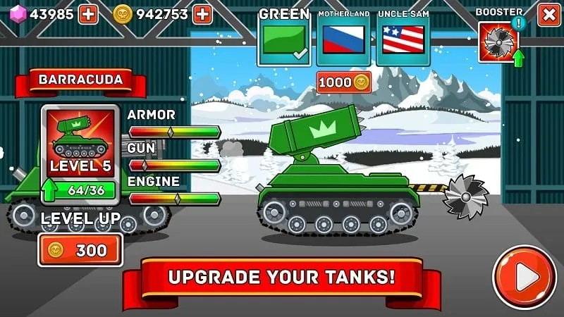 A screenshot displaying the upgrade options for a tank in Hills of Steel.