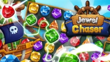 A screenshot displaying the vibrant gameplay of Jewel Chaser, with colorful gems arranged on the game board.