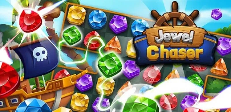 A screenshot displaying the vibrant gameplay of Jewel Chaser, with colorful gems arranged on the game board.