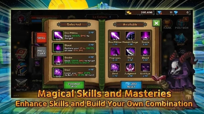 A screenshot displaying various equipment options and character customization within Bless & Magic.