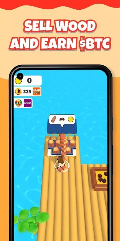 A screenshot from Bitcoin Castaway illustrating the player building their raft with readily available resources due to the mod.