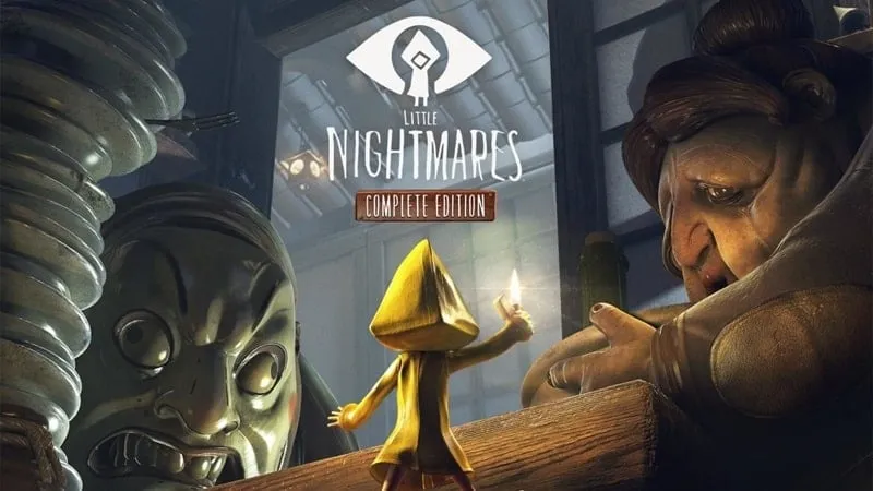 A screenshot from Little Nightmares showing the protagonist, Six, in a dimly lit environment.