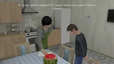 A screenshot from the game Schoolboy Runaway, showing the player character hiding behind a door while his mother walks past.