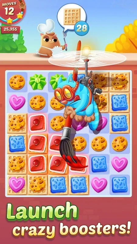 Tangkapan layar level yang menantang di Cookie Cats, di mana penggunaan booster secara strategis sangat penting.