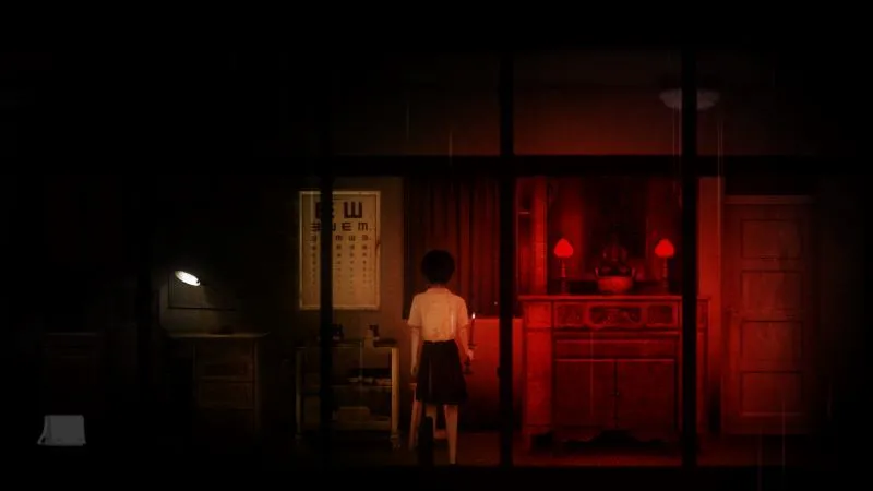 A screenshot of Detention gameplay featuring a character navigating a dimly lit room.