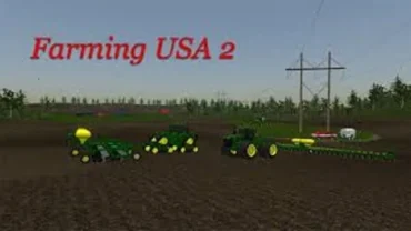 A screenshot of Farming USA 2 showcasing the vast fields and various farming equipment.