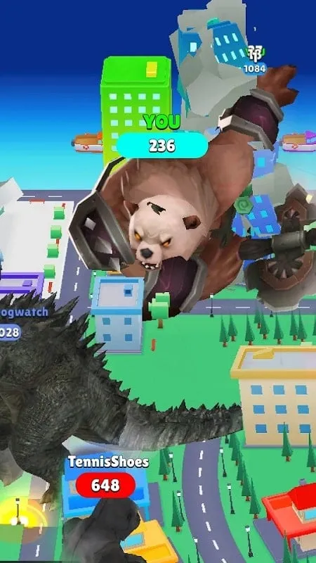 A screenshot of gameplay in Crazy Kaiju 3D, showcasing the destruction of city buildings by a Kaiju.