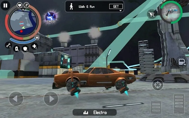 Screenshot gameplay di Space Gangster 2, dengan karakter menggunakan senjata futuristik selama misi.