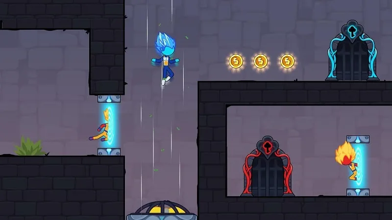 A screenshot of gameplay in Stickman Red boy and Blue girl featuring the characters navigating a level.