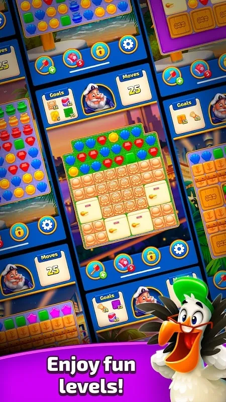 A screenshot of Match Cruise gameplay, showcasing the match-3 puzzle interface with nautical-themed elements.