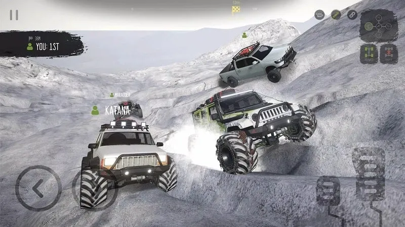 A screenshot of Mudness Offroad Car Simulator showcasing multiplayer gameplay with multiple trucks.