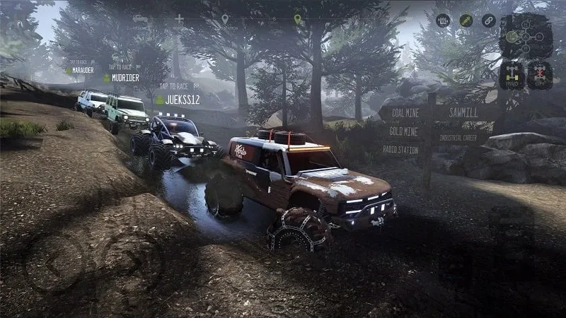 A screenshot of Mudness Offroad Car Simulator showing a truck attempting to climb a steep hill.