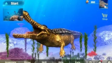 A screenshot of Sarcosuchus Simulator gameplay on a mobile device.