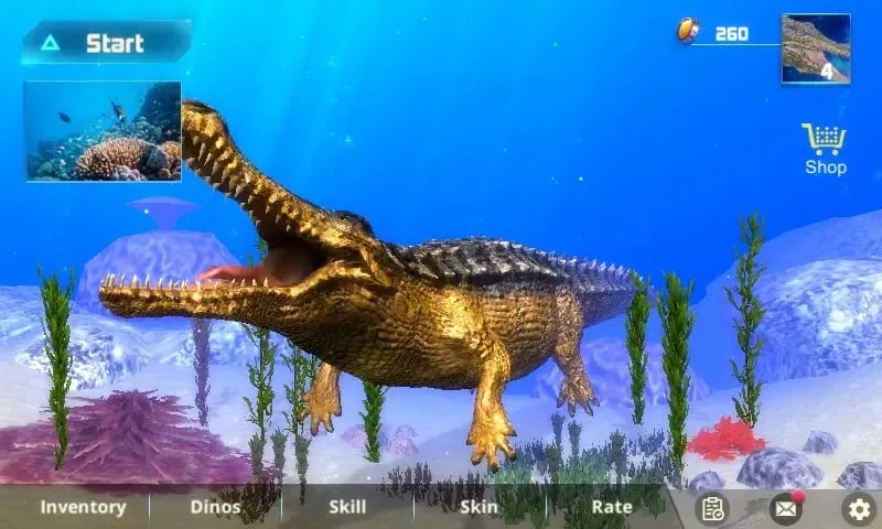 A screenshot of Sarcosuchus Simulator gameplay on a mobile device.