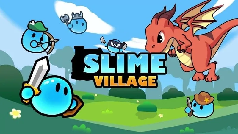 A screenshot of Slime Village gameplay showing the village and slime characters.