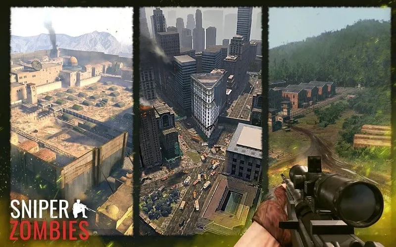 A screenshot of Sniper Zombie gameplay showing the player aiming at a zombie in a city environment.