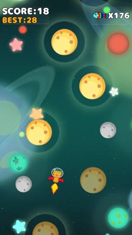 A screenshot of Space Cat gameplay, showing the cat astronaut flying through space and collecting fish.