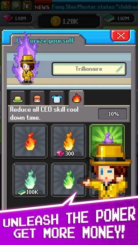 A screenshot of Tap Tap Trillionaire illustrating the investment options where players can allocate funds to different projects.