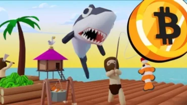 A screenshot of the Bitcoin Castaway game, showcasing the player's raft and the surrounding ocean environment.