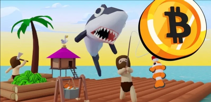 A screenshot of the Bitcoin Castaway game, showcasing the player's raft and the surrounding ocean environment.